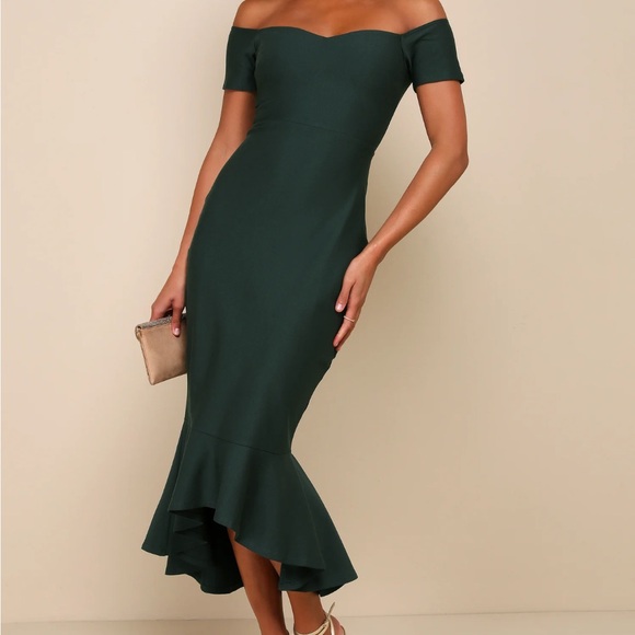 LULUS Dark Green off the shoulder midi dress size M NWT - Picture 1 of 4